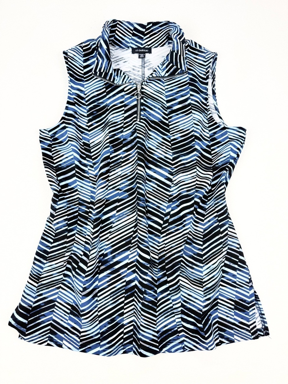 Le Château Geometric Print Sleeveless Blouse Zip Neck Blue Black Business Casual